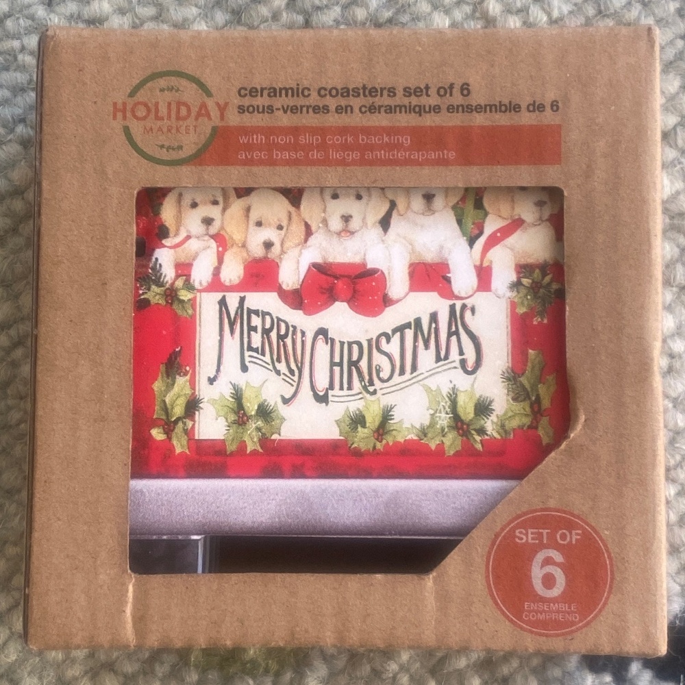 Holiday Market I 6 Ceramic Merry Christmas Coasters Puppies in Truck